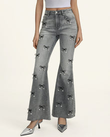 Pearl Accent Bow Boogie Child Fray Jeans - Smoke and Mirrors