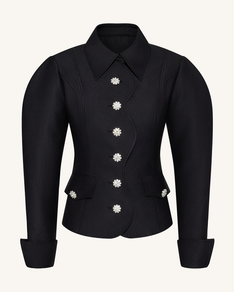 Scalloped Placket Leg of Mutton Blazer - Black