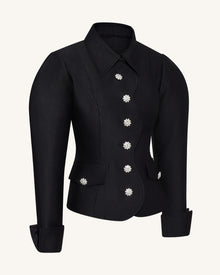Scalloped Placket Leg of Mutton Blazer - Black