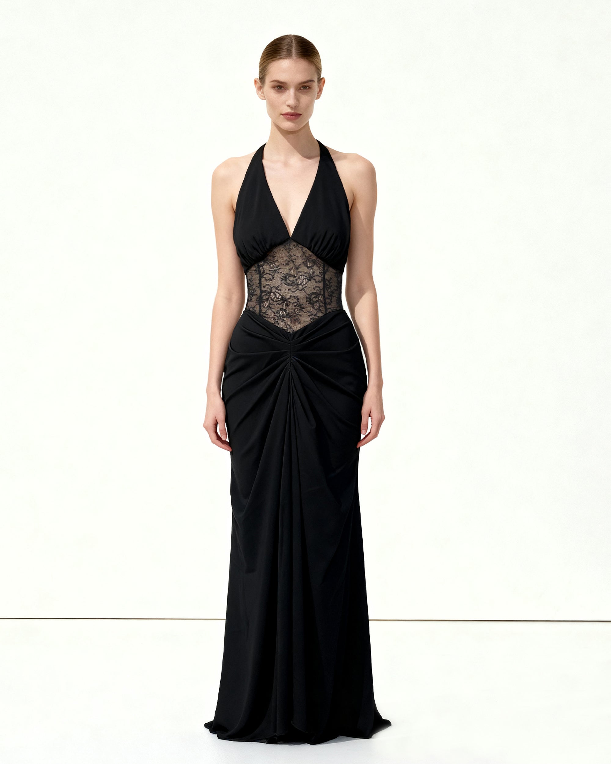 Ruched Lace Panel Maxi Dress - Black