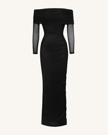 Ruched Off-Shoulder Mesh-Sleeve Mermaid Maxi Dress - Black