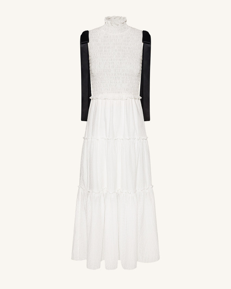 High-Neck Sleeveless Smocked Three-Tier Maxi Dress - White