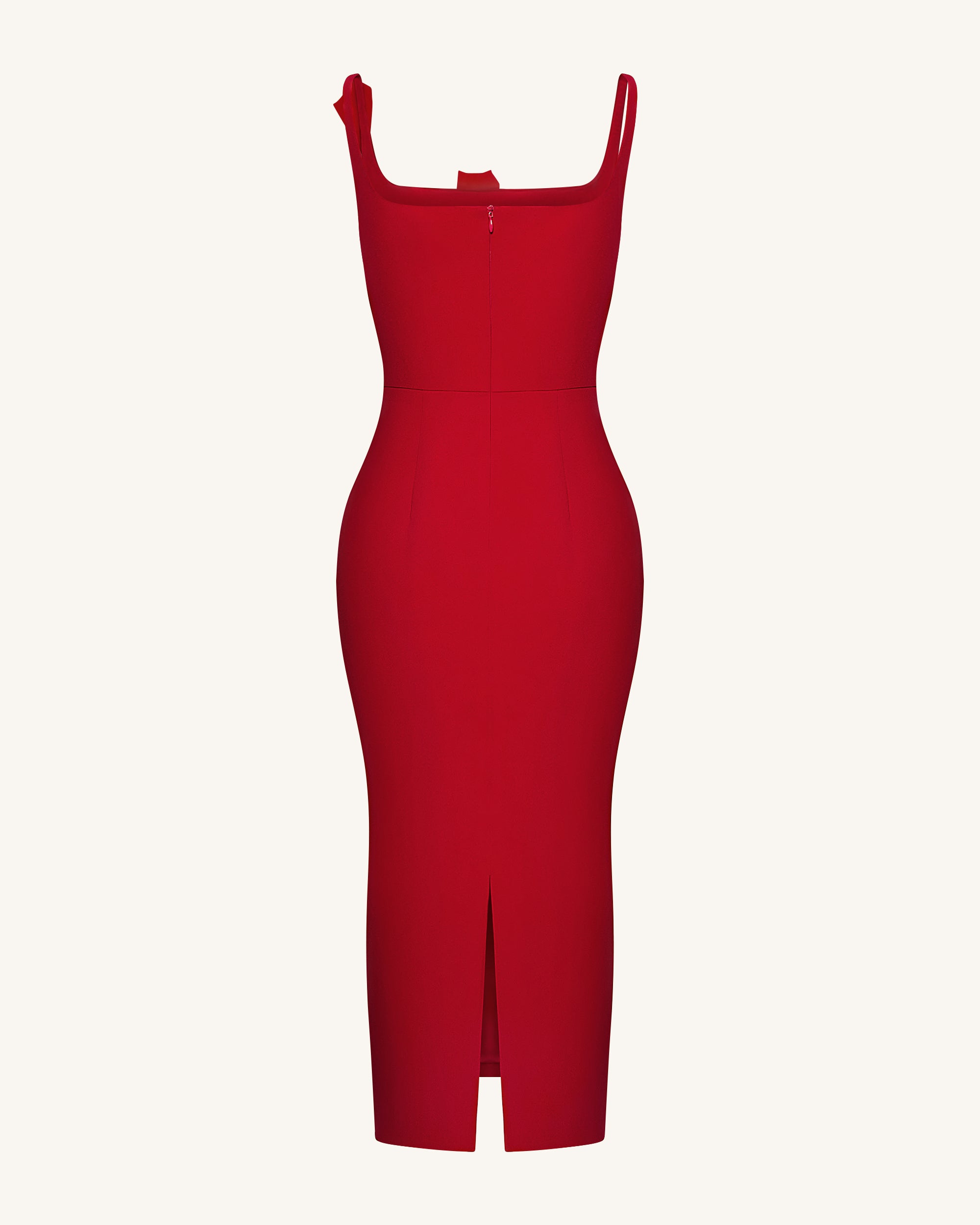 3D Floral Appliqué Square-Neck Sheath Midaxi Dress - Red