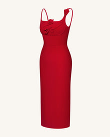 3D Floral Appliqué Square-Neck Sheath Midaxi Dress - Red