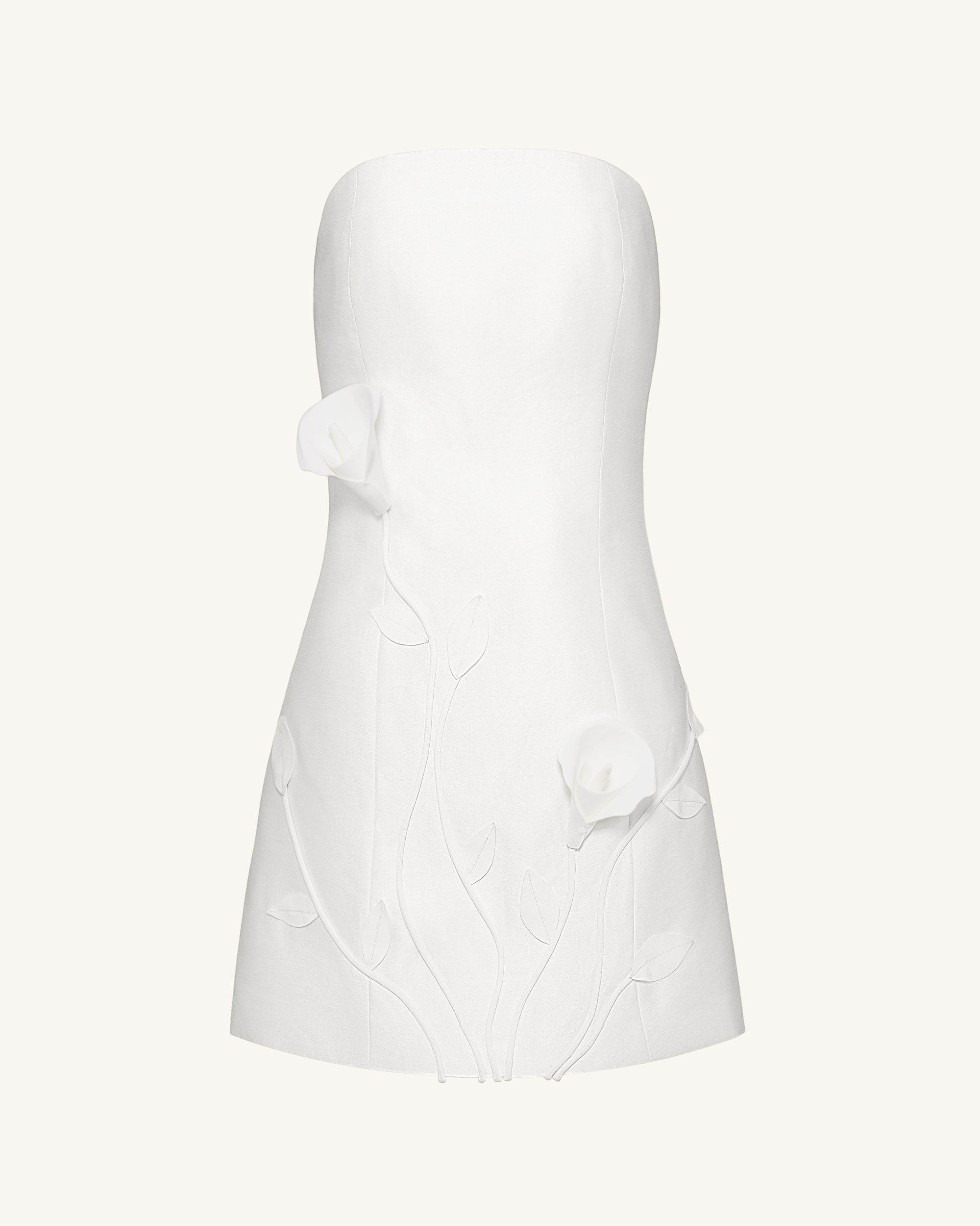 3D Vine Floral Strapless Mini Dress - White