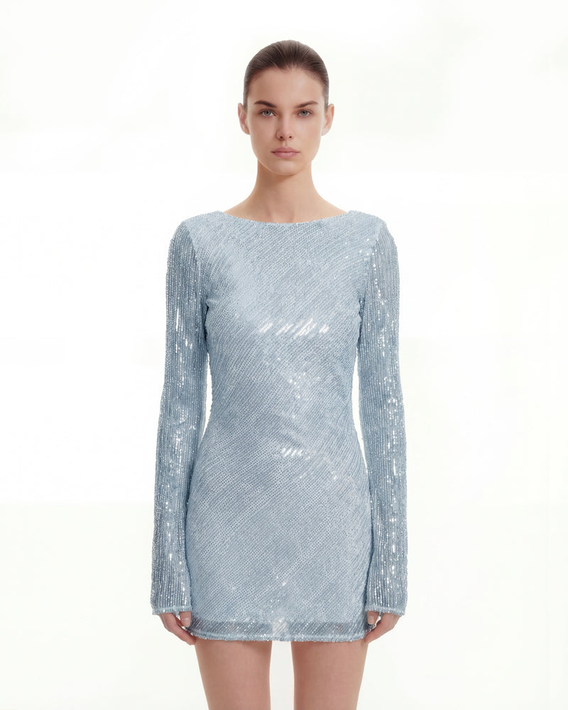 Diagonal Sequin Open-Back Long Sleeve Mini Dress - Blue