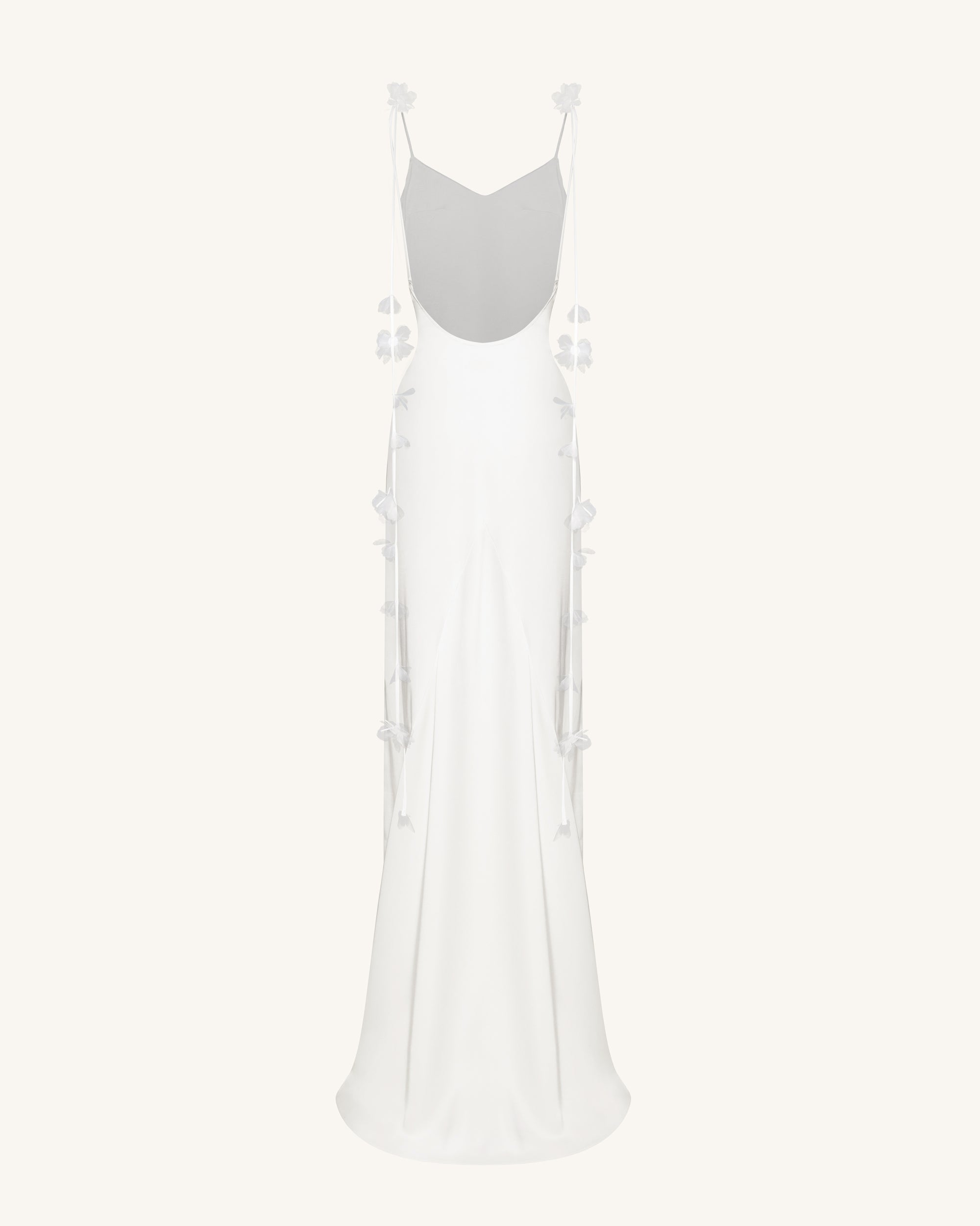Satin Strappy Maxi Dress with Floral Streamers - White