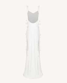 Satin Strappy Maxi Dress with Floral Streamers - White