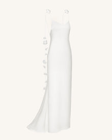 Satin Strappy Maxi Dress with Floral Streamers - White