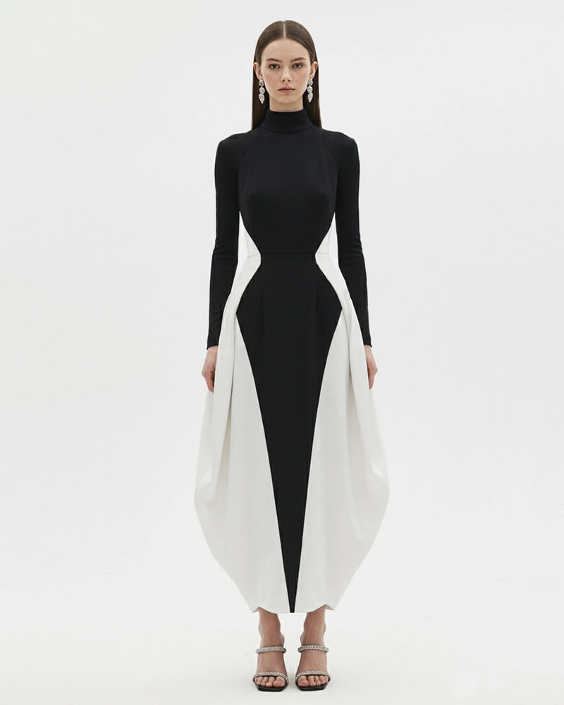 Monochrome Paneled Long-Sleeve Maxi Dress - Black