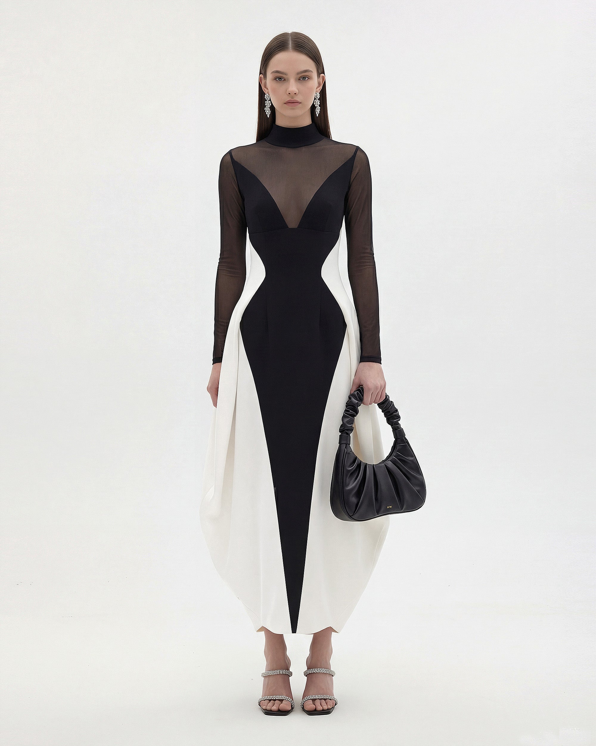 Monochrome Paneled Sheer Mesh Insert Maxi Dress - Black