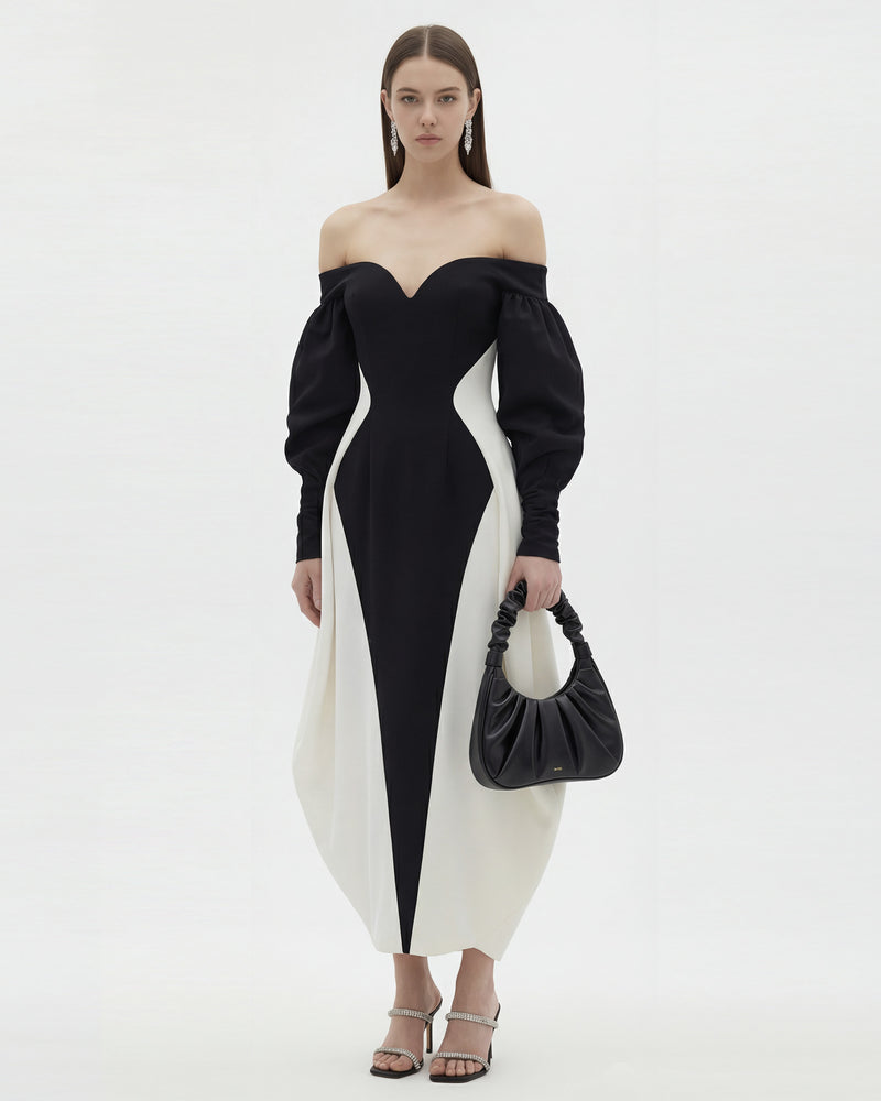 Monochrome Paneled Off-Shoulder Puff Sleeve Maxi Dress - Black