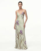 Iris Motif Satin Slip Gown - Light Green/Purple