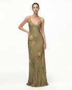 Iris Motif Satin Slip Gown - Olive Green