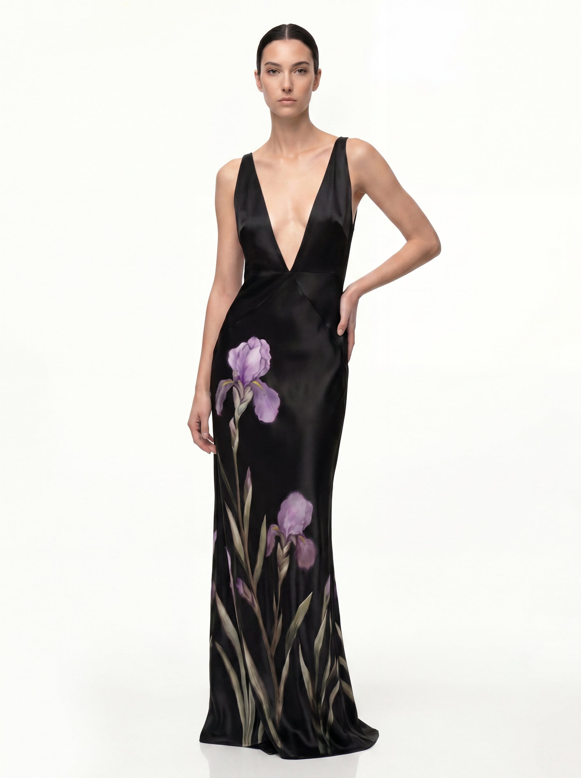 Floral Deep V Maxi Dress - Black