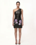 Iris Floral-Print One-Shoulder Leather Mini Dress - Black