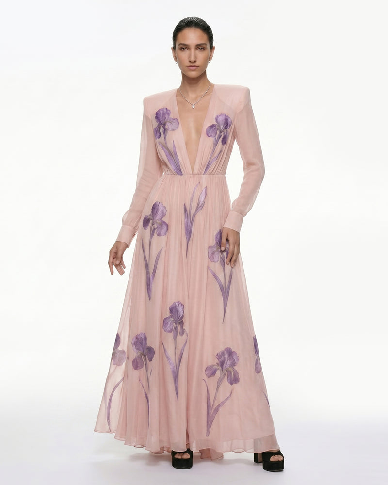 Iris Floral Print Long-Sleeve Sheer Gown - Blush Pink