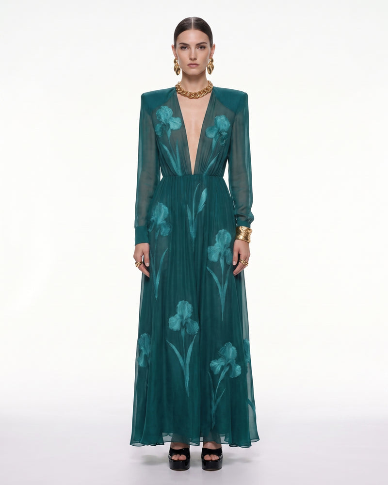 Iris Floral Print Long-Sleeve Sheer Gown - Peacock Green