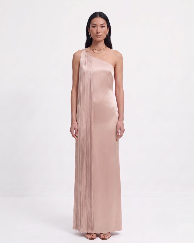 Fringe One Shoulder Maxi Dress - Pink