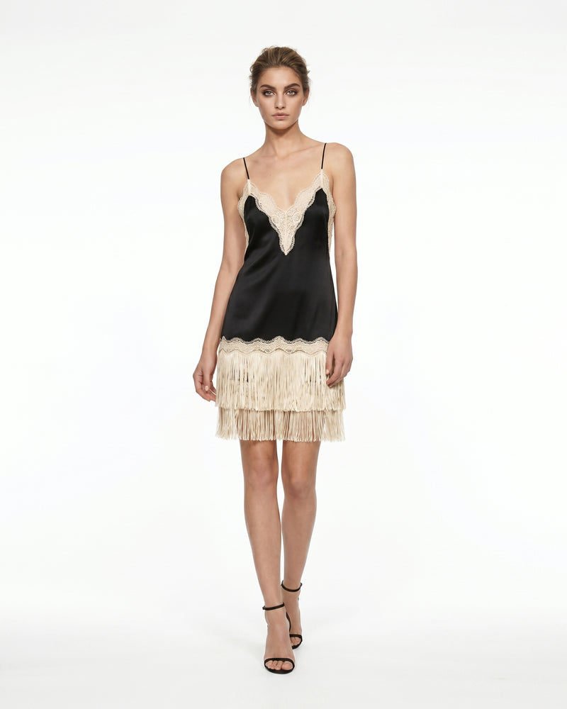 Fringe Hem Lace Trim Satin Mini Dress - Black