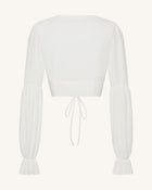 Chiffon Lantern-Sleeve Tie-Front Cropped Blouse - White