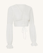 Chiffon Lantern-Sleeve Tie-Front Cropped Blouse - White