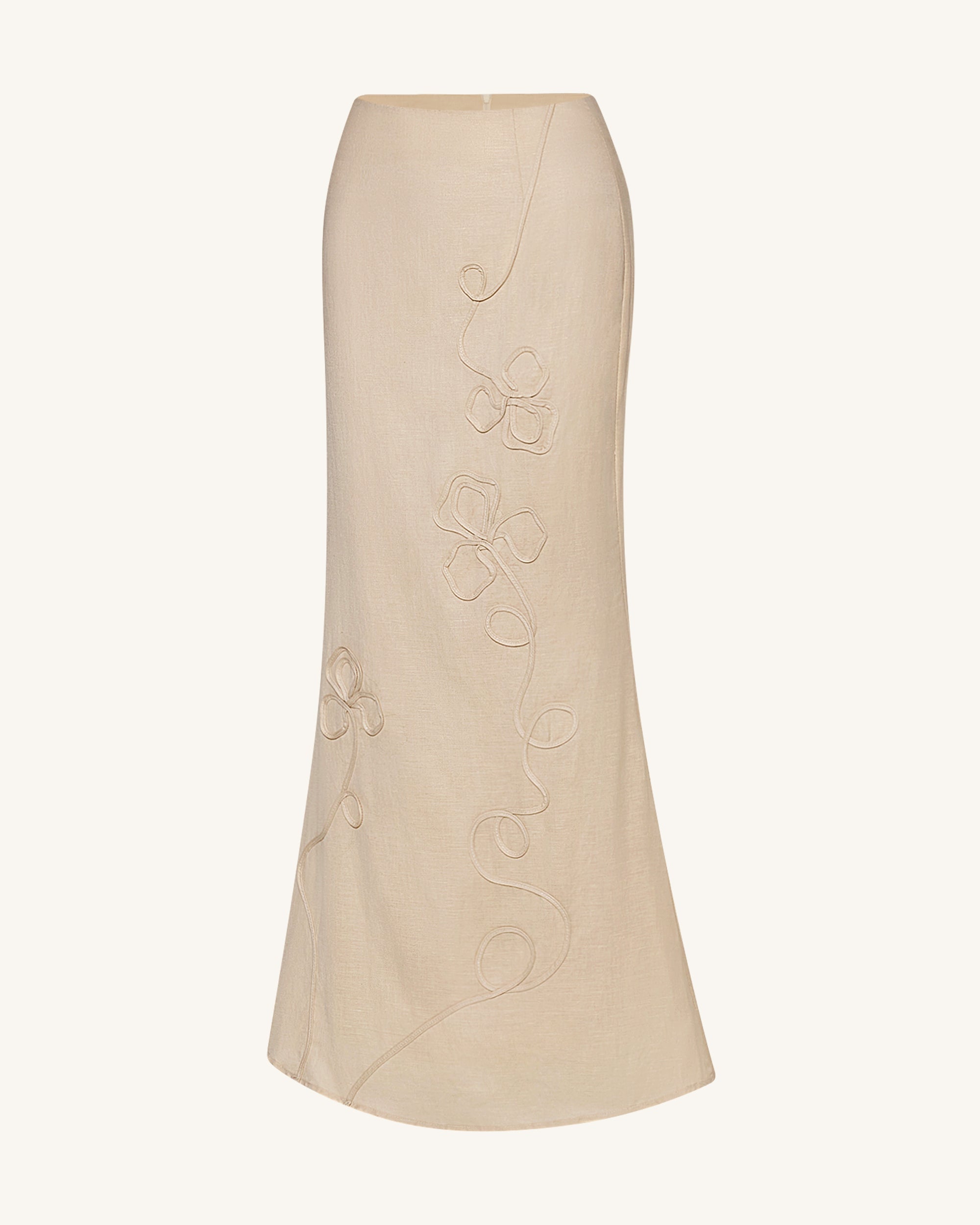 Linen Corded Embroidery Maxi Skirt - Natural