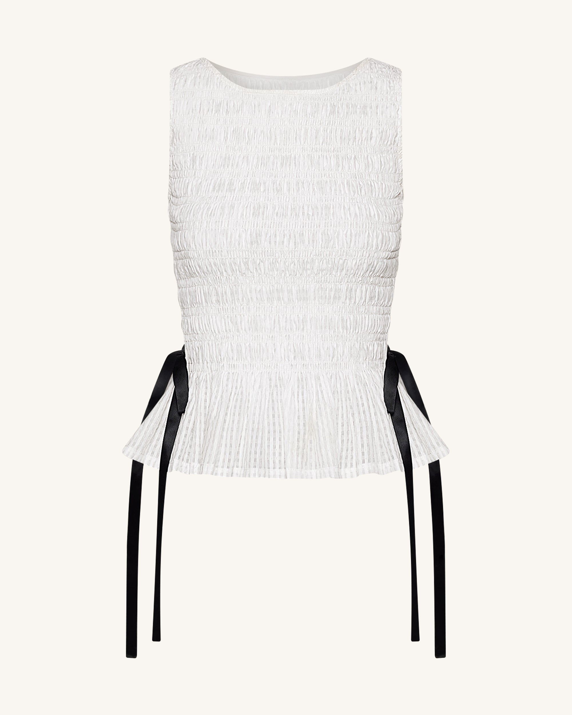 Smocked Peplum Sleeveless Top - White