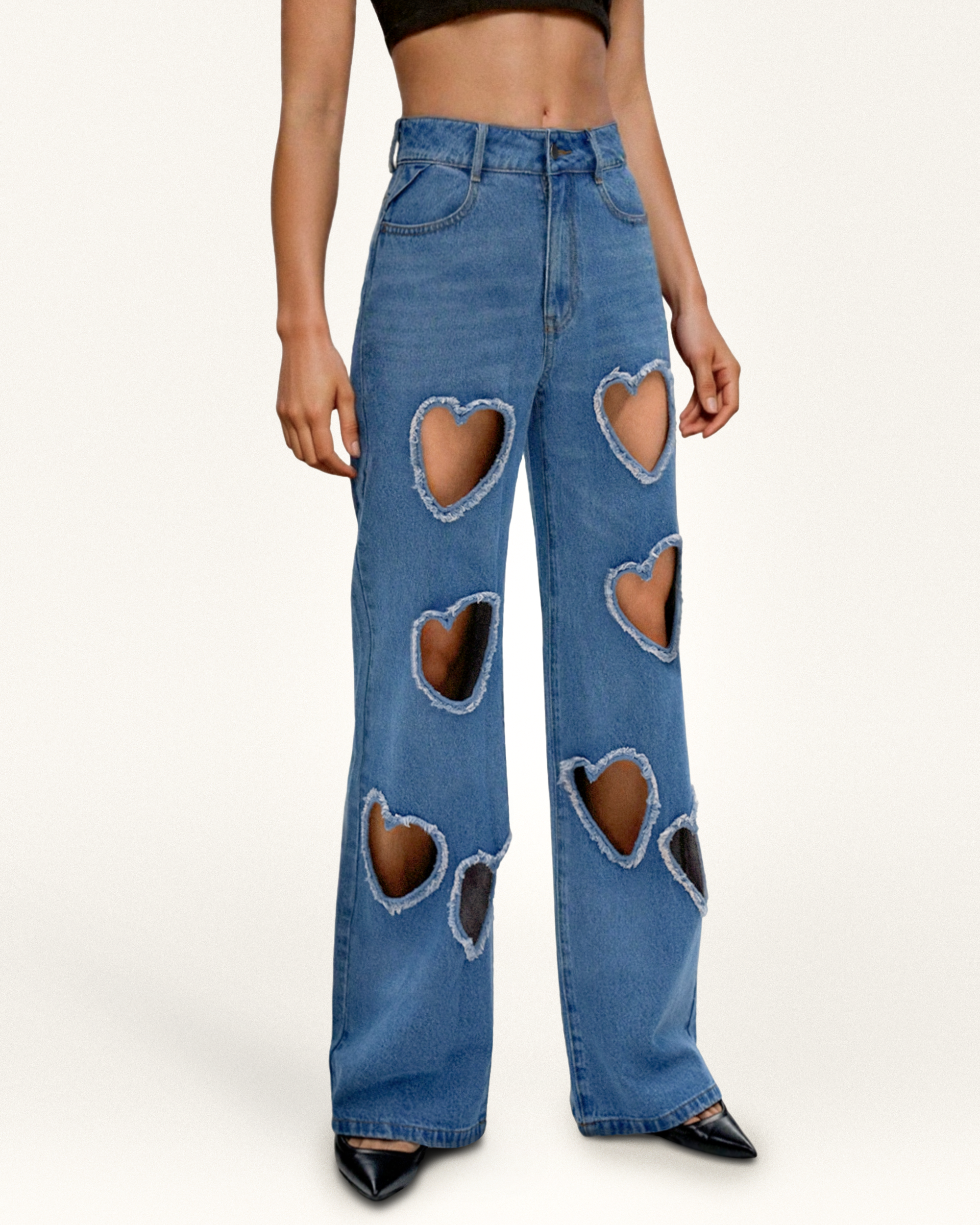 Sophia Embellished Heart Cut-Out Denim Jeans - Medium Blue