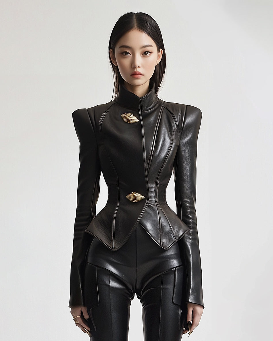 Autumn Metallic Conch PU Jacket - Black