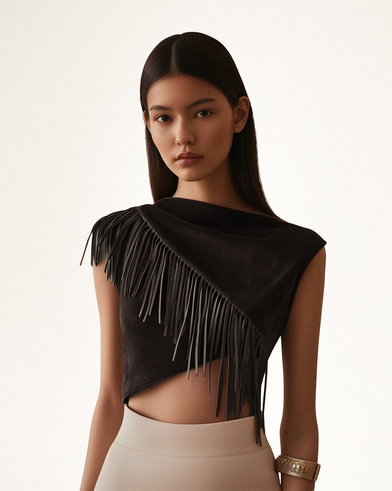 Ariana Asymmetric Fringe Sueded Top - Black