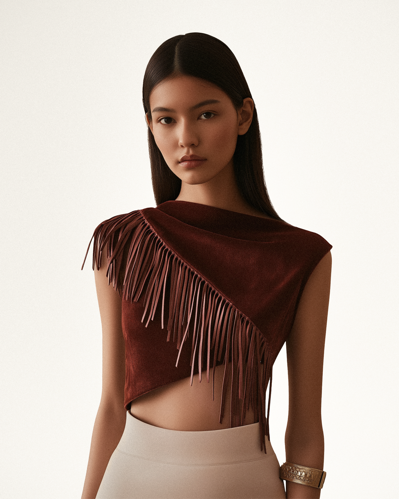 Ariana Asymmetric Fringe Sueded Top - Burgundy