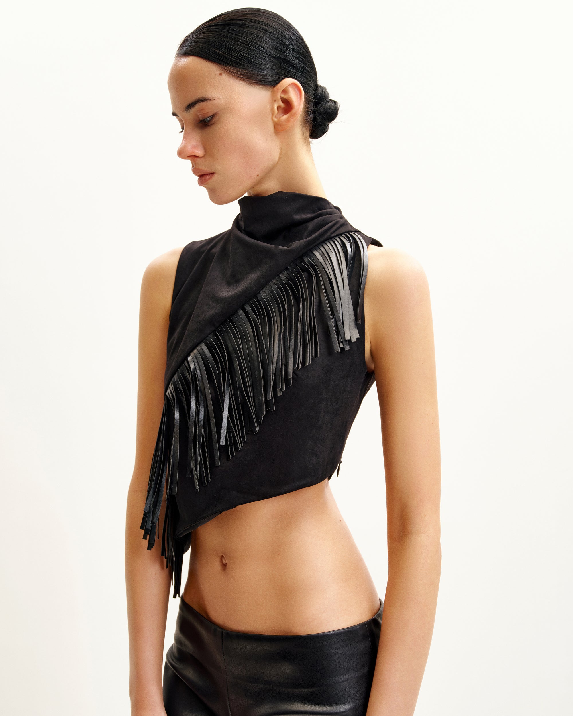 Adeline Asymmetric Fringe Sueded Top - Black