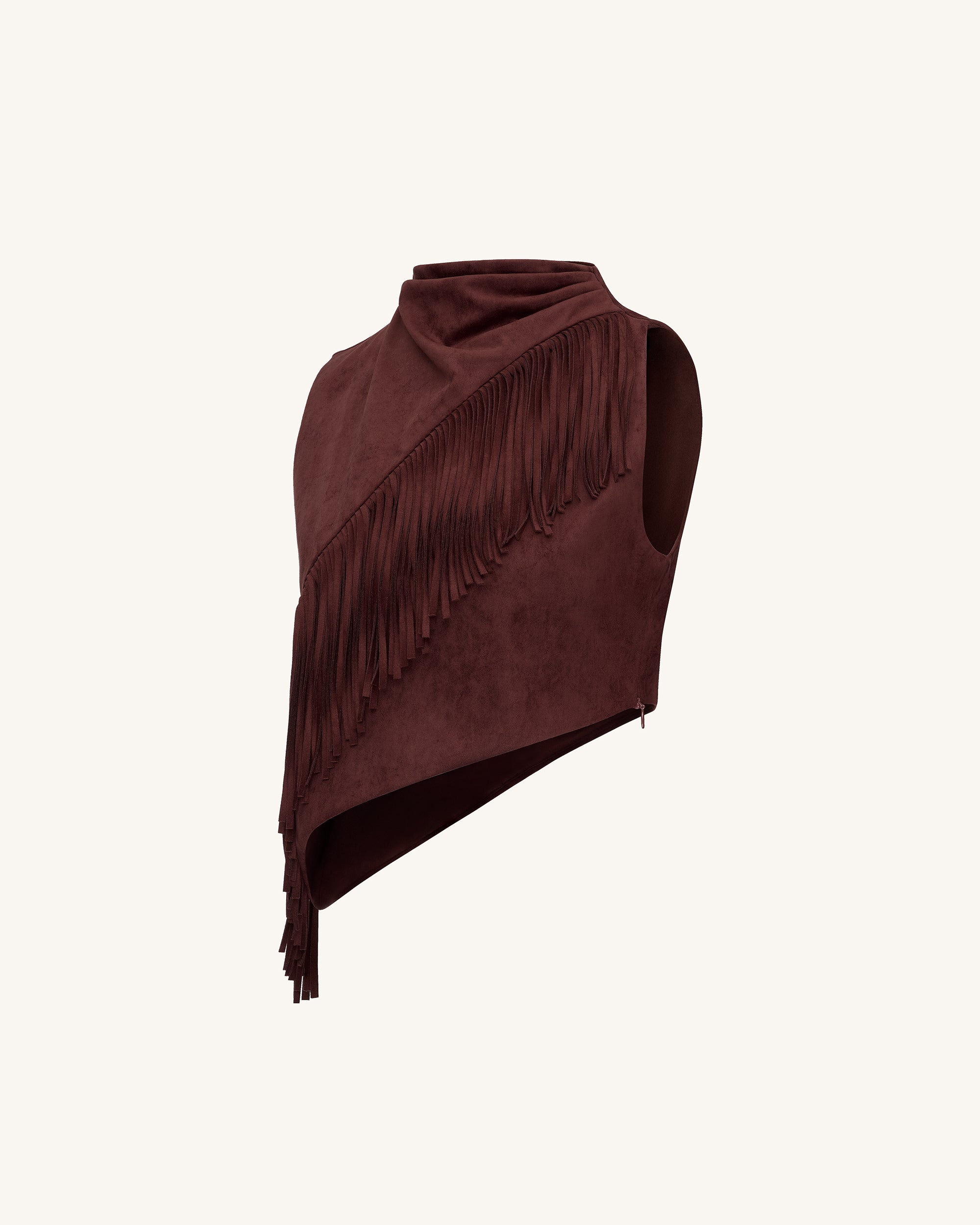 Adeline Asymmetric Fringe Sueded Top - Burgundy