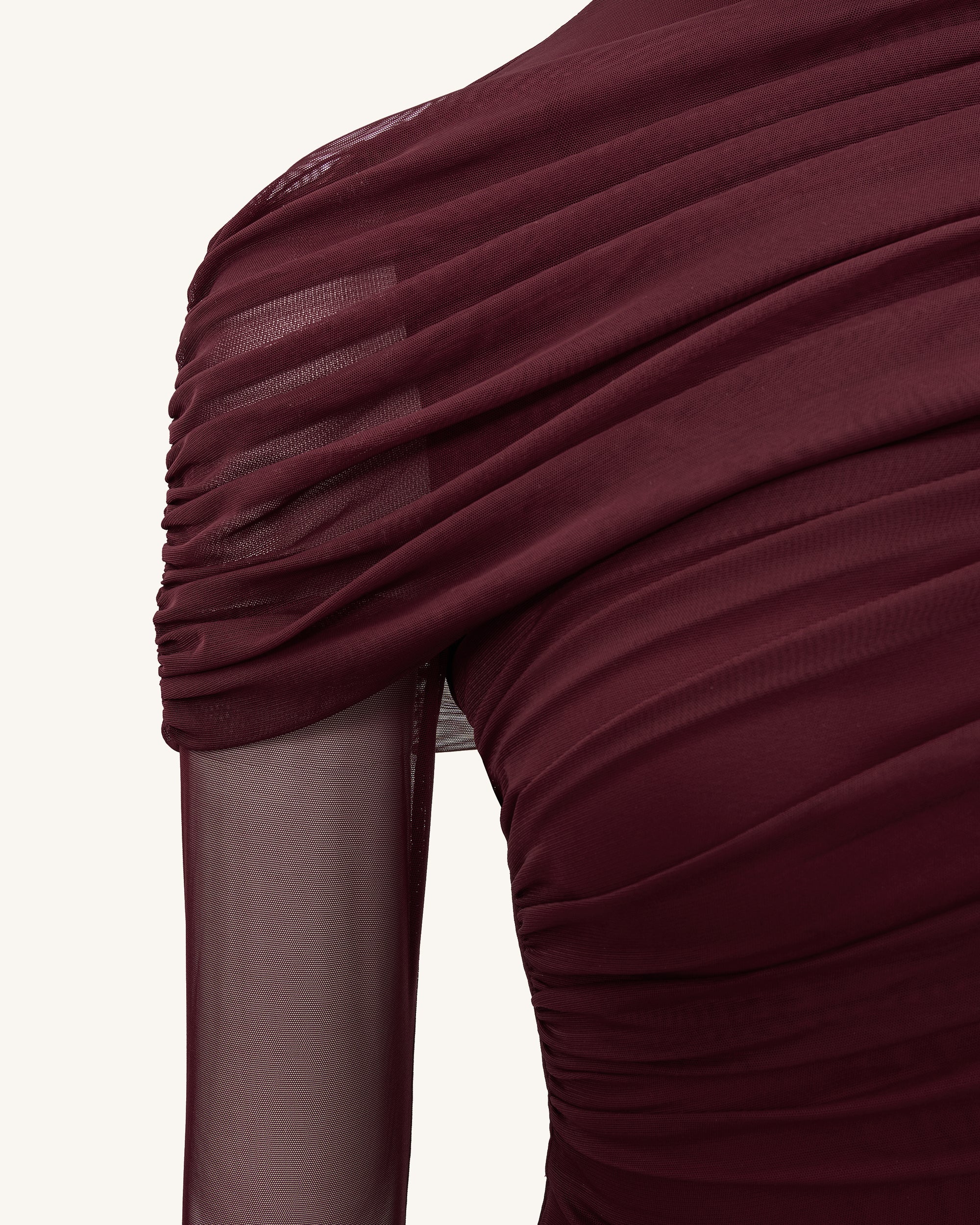 Ella Sheer Ruched Turtleneck Top - Burgundy