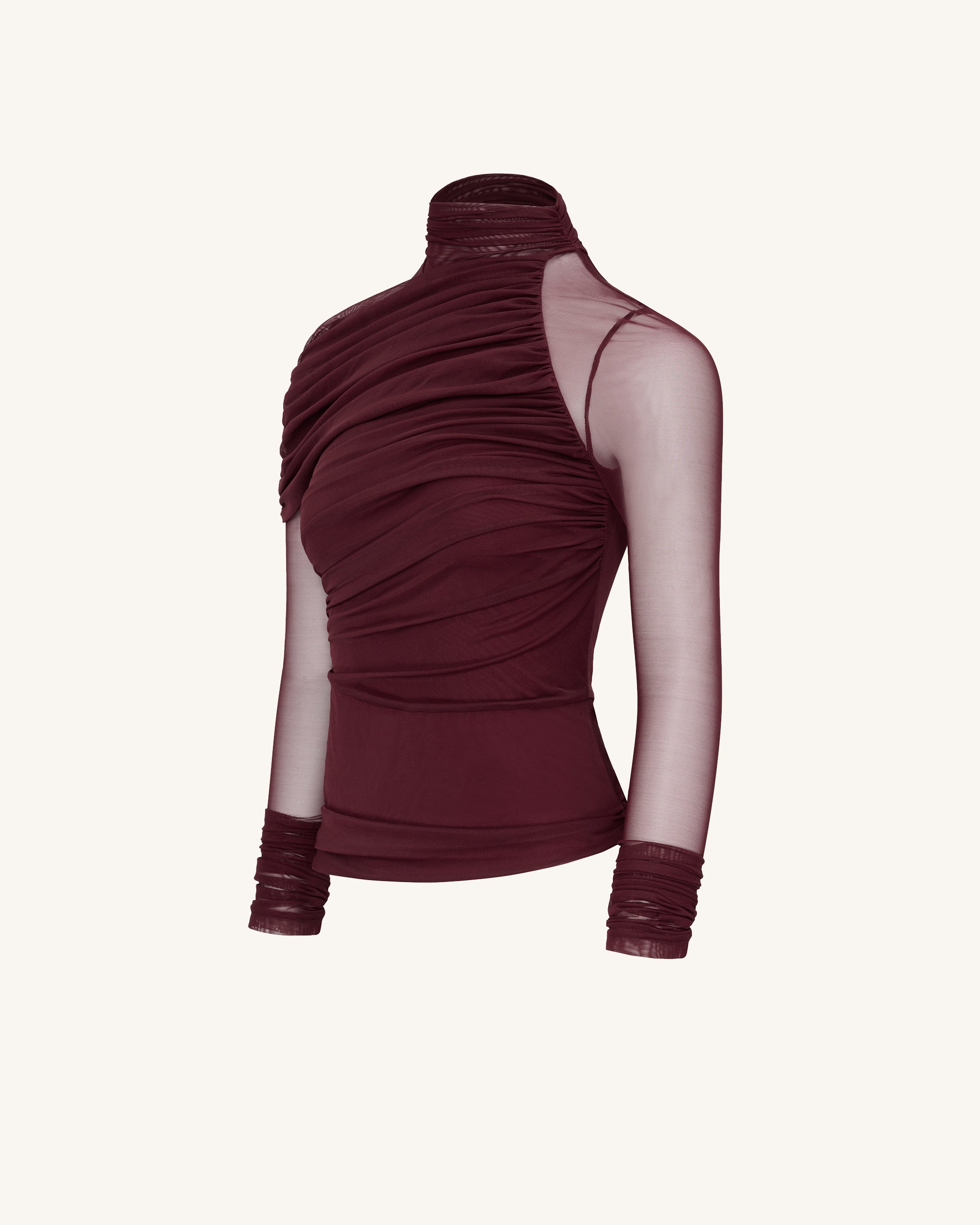 Ella Sheer Ruched Turtleneck Top - Burgundy