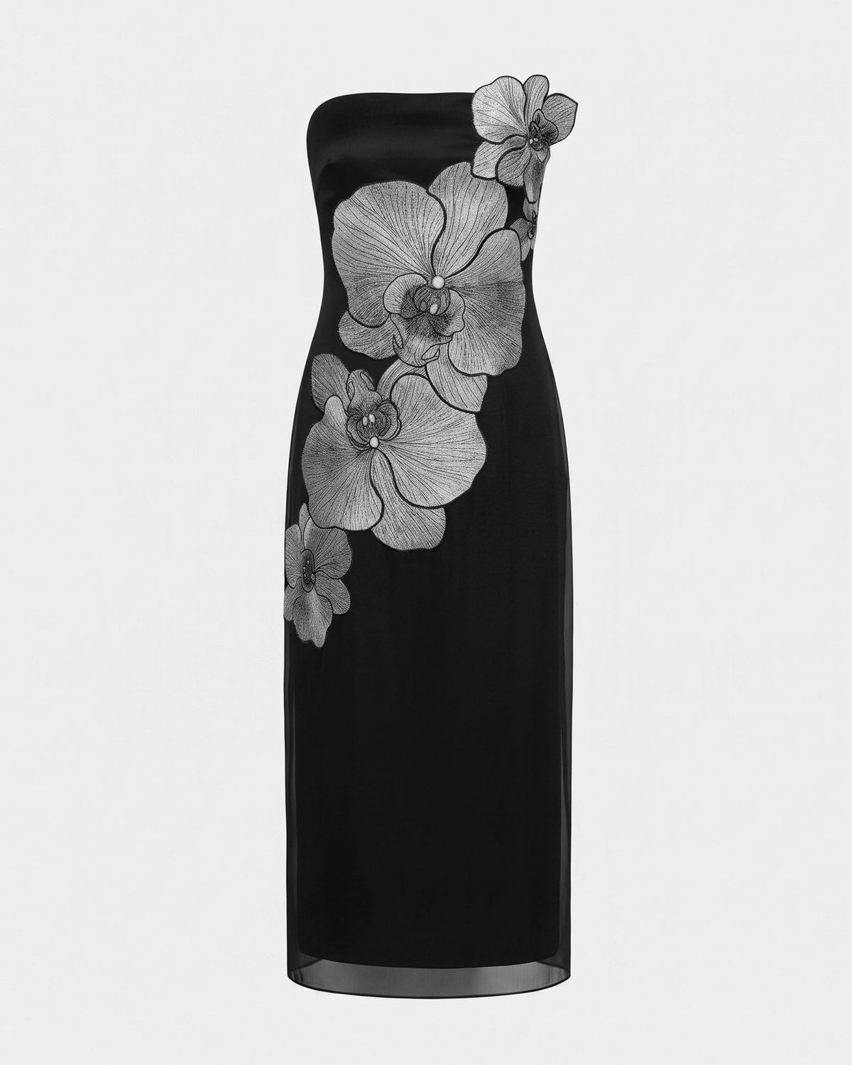 Orchid Embroidered Strapless Column Midi Dress - Black