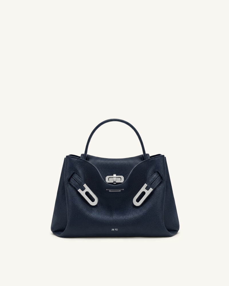 Rhea Small Pebbled Double Buckle Shoulder Bag - Navy Blue