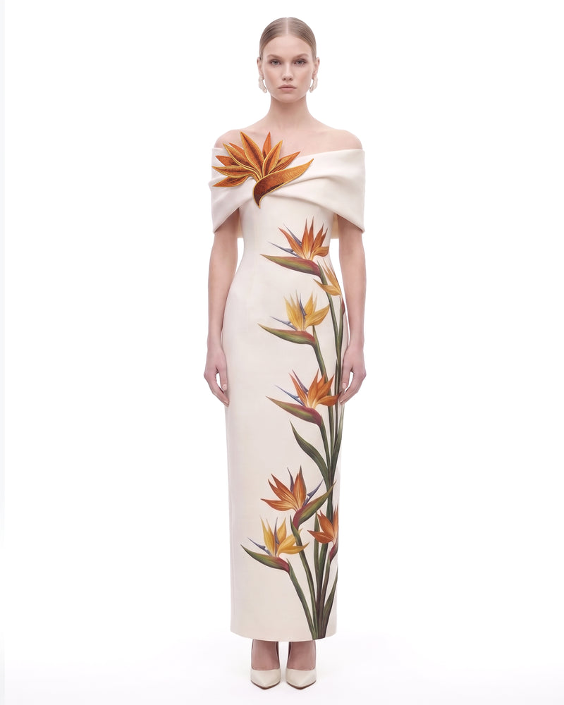 3D Bird Of Paradise Off-The-Shoulder Maxi Dress - Cream