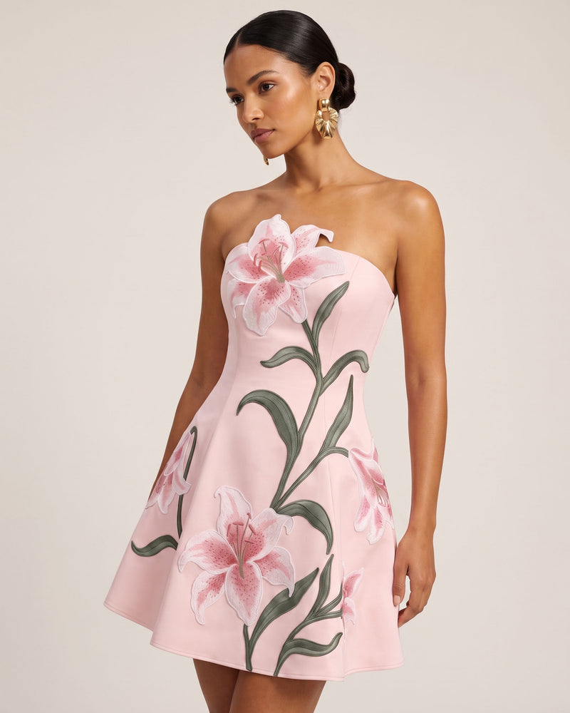 Lily Floral Print Strapless A-Line Mini Dress - Light Pink