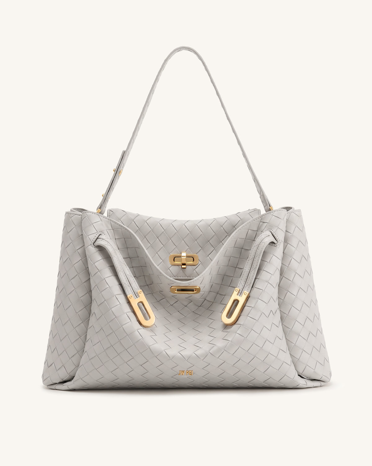 Rhea Large Woven Textured Shoulder Bag - Light Gray