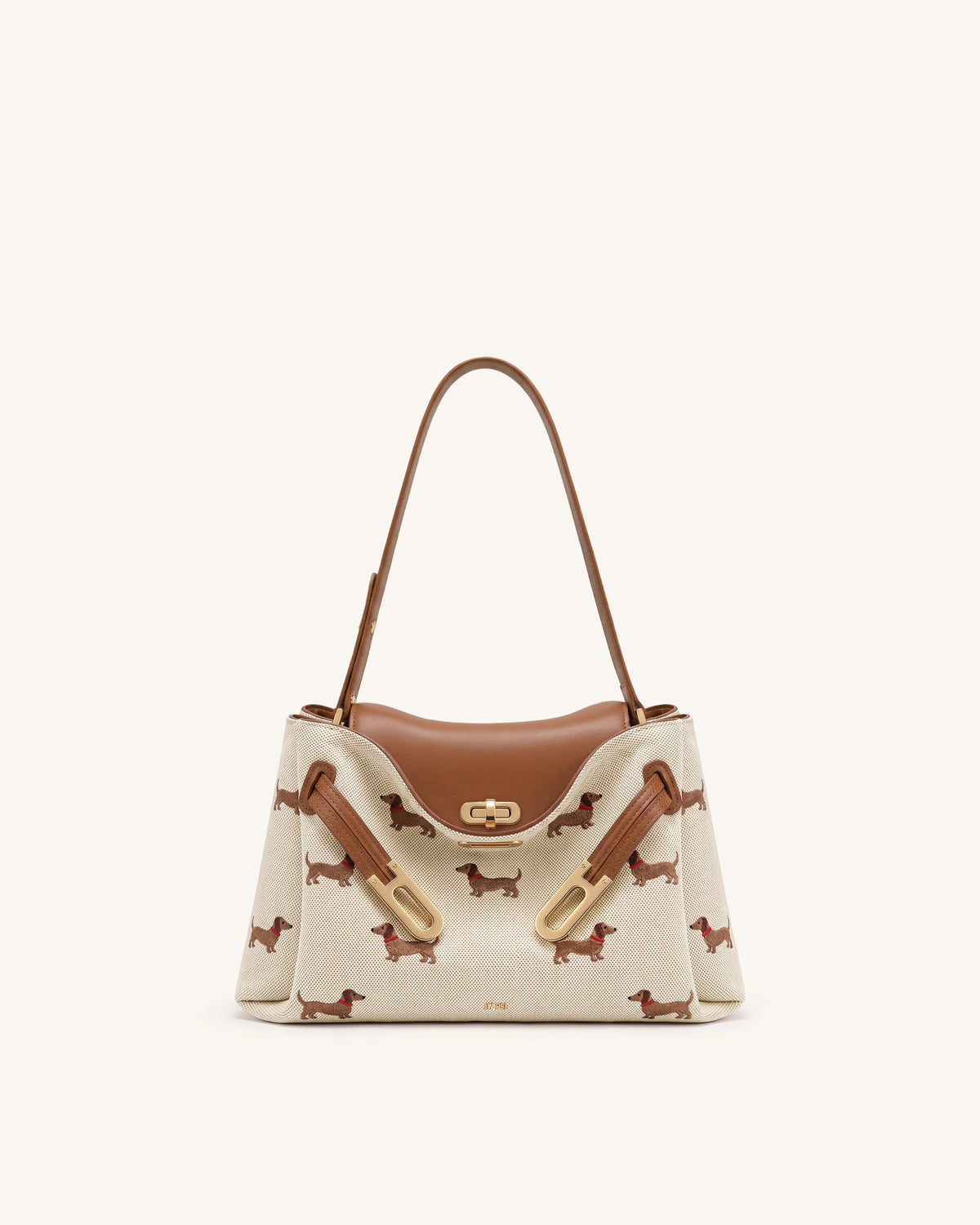 Rhea Dachshund Embroidered Double Buckle Shoulder Bag - Brown Canvas