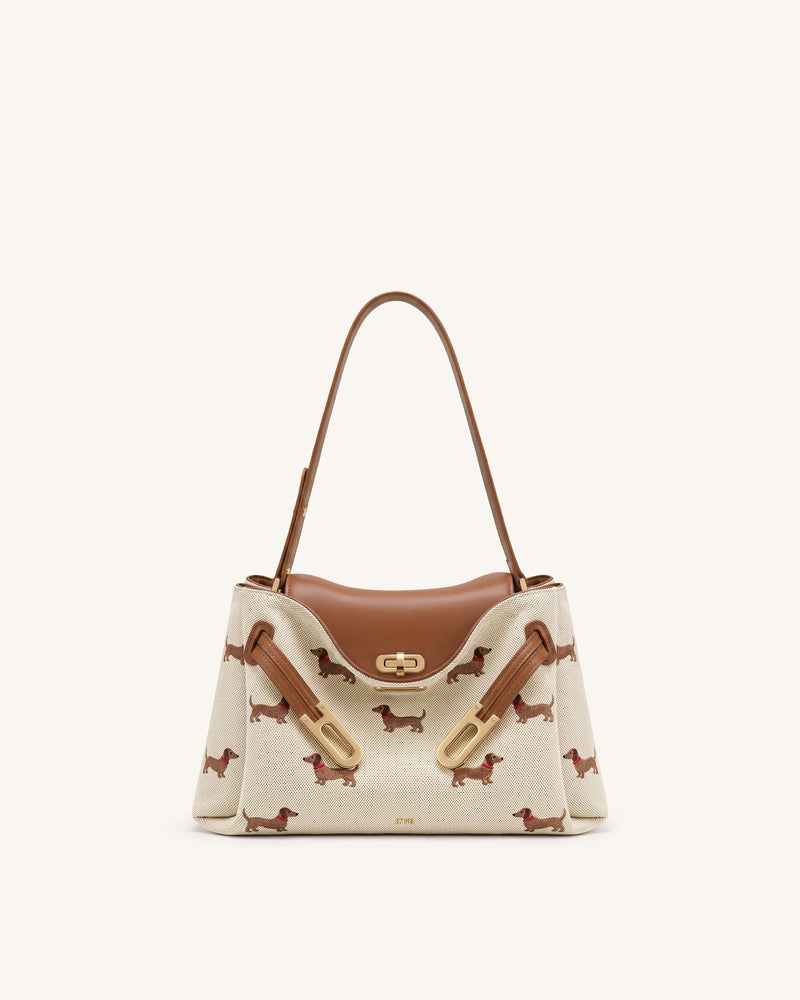 Rhea Dachshund Embroidered Double Buckle Shoulder Bag - Brown Canvas