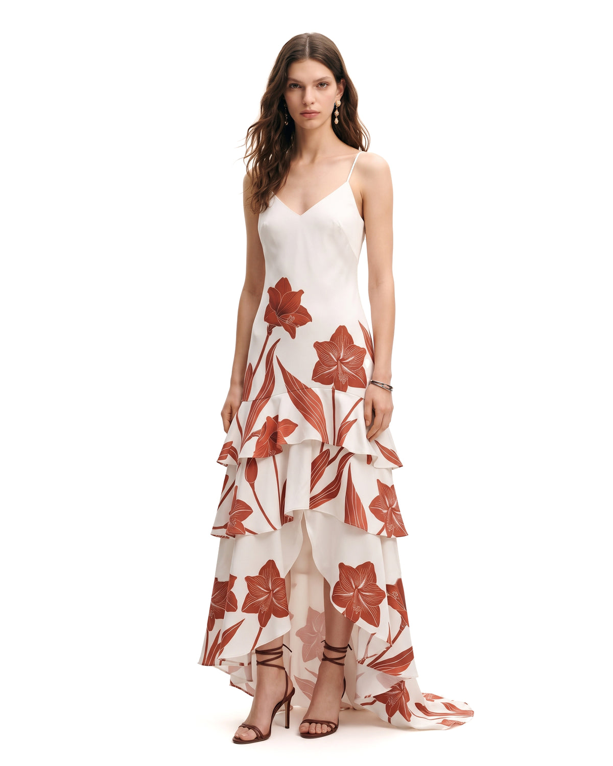 Amaryllis Printed Ruffle High-Low Evening Gown - Rust White