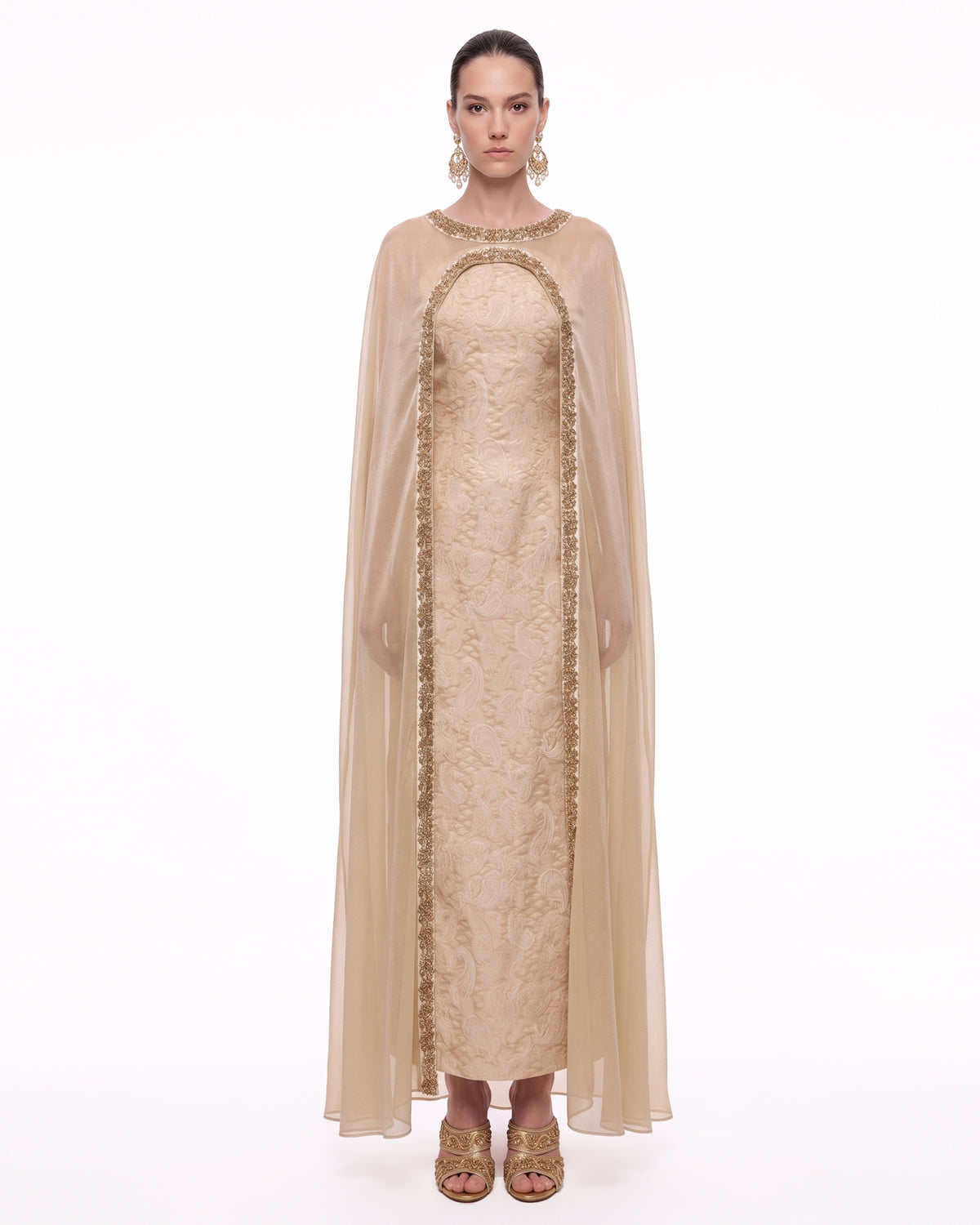 Beaded Sheer Cape Jacquard Maxi Dress - Champagne
