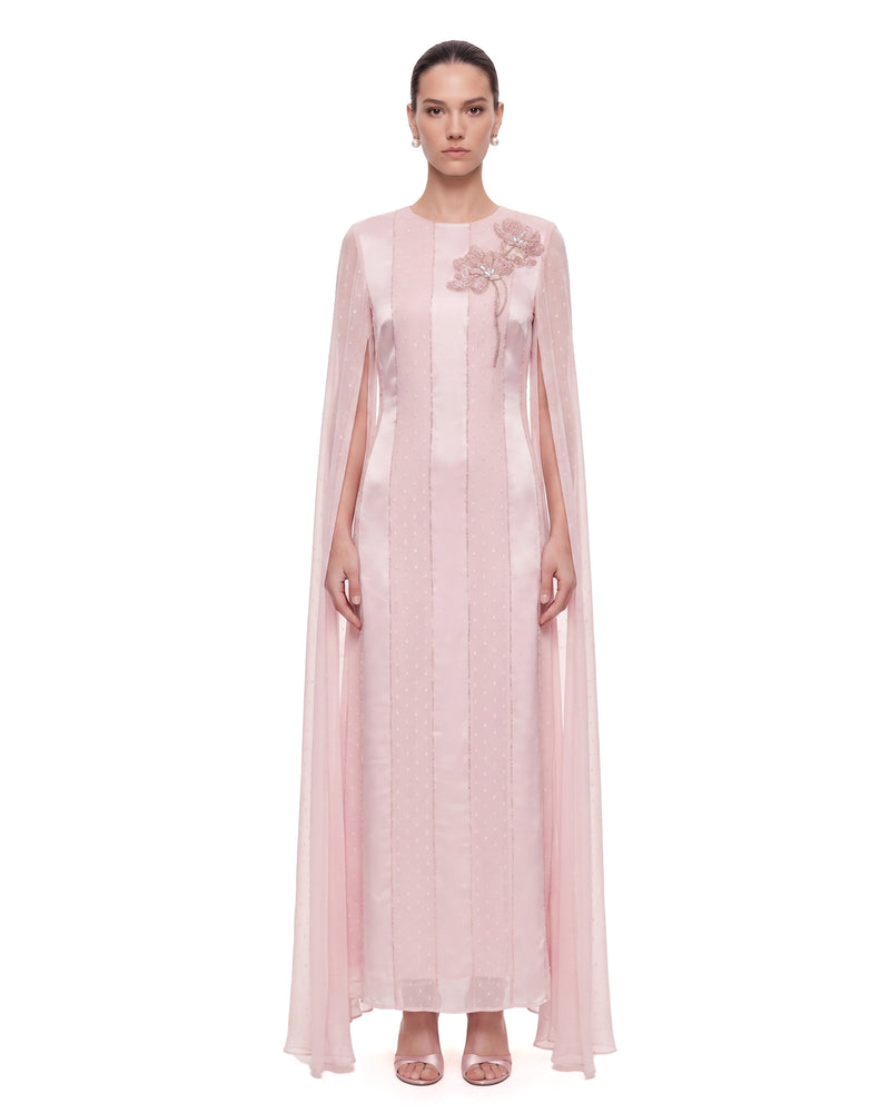 Floral Embellished Cape-Sleeve Maxi Dress - Blush