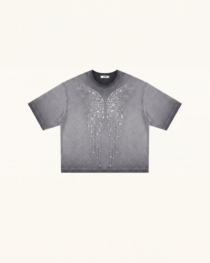 The Angelic Dripping Crystal Wings Tee - Washed Grey