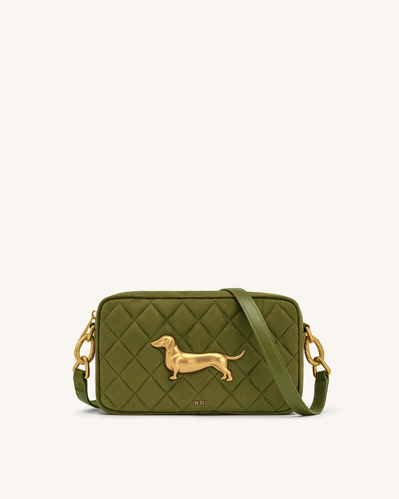 Riley Faux Suede Dachshund Quilted Shoulder Bag - Olive Green