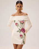 Rose Embroidered Foldover Long-Sleeve Mini Dress - Off White