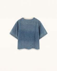 Contrast Rib Denim Cropped Rhinestone Rose Tee - Washed Blue